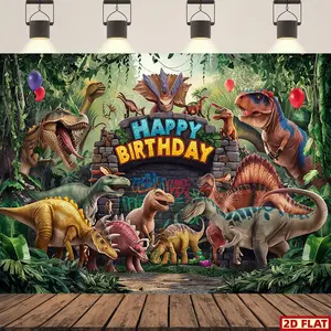 2D Flat Banner, 1pc Dinosaur Birthday Party Banner - Vibrant Polyester Backdrop with Balloons & Jungle Theme, Perfect for Home Decor, Room Wall Decoration, and Photo Props, All Seasons Garden Party Decor, Photo