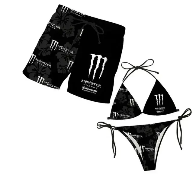 Couples' Monster Energy Inspired Swimwear Set - Women's Floral Bikini, Men's Beach Shorts, Tropical Hawaiian Summer Vacation Pool Party Outfit