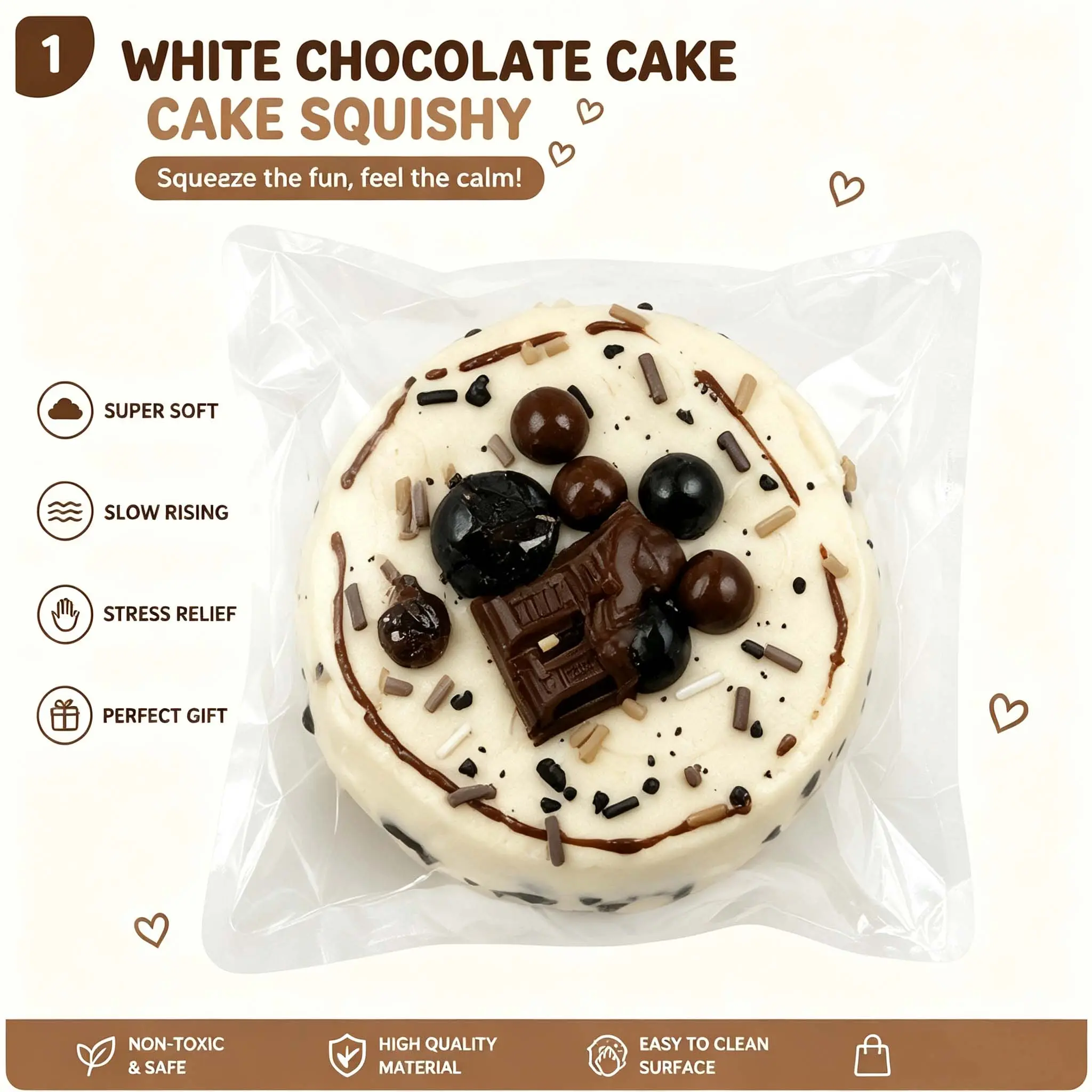 White Chocolate Cake Squishy Toy, Cute Dessert Fidget Toy with Soft Slow Rising Texture, Stress Relief Squeeze Toy, Kawaii Gift for Kids & Adults