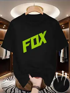 Men's Fox Logo Design Casual Streetwear T-Shirt, Summer Daily Wear, Loose-Fitting Long Sleeve, No Zipper, Collarless, Print Style