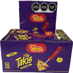 Vero Takis Paleta Fuego. Box with 10 spicy lollipops . Vero Takis lollipops . Chamoy flavored