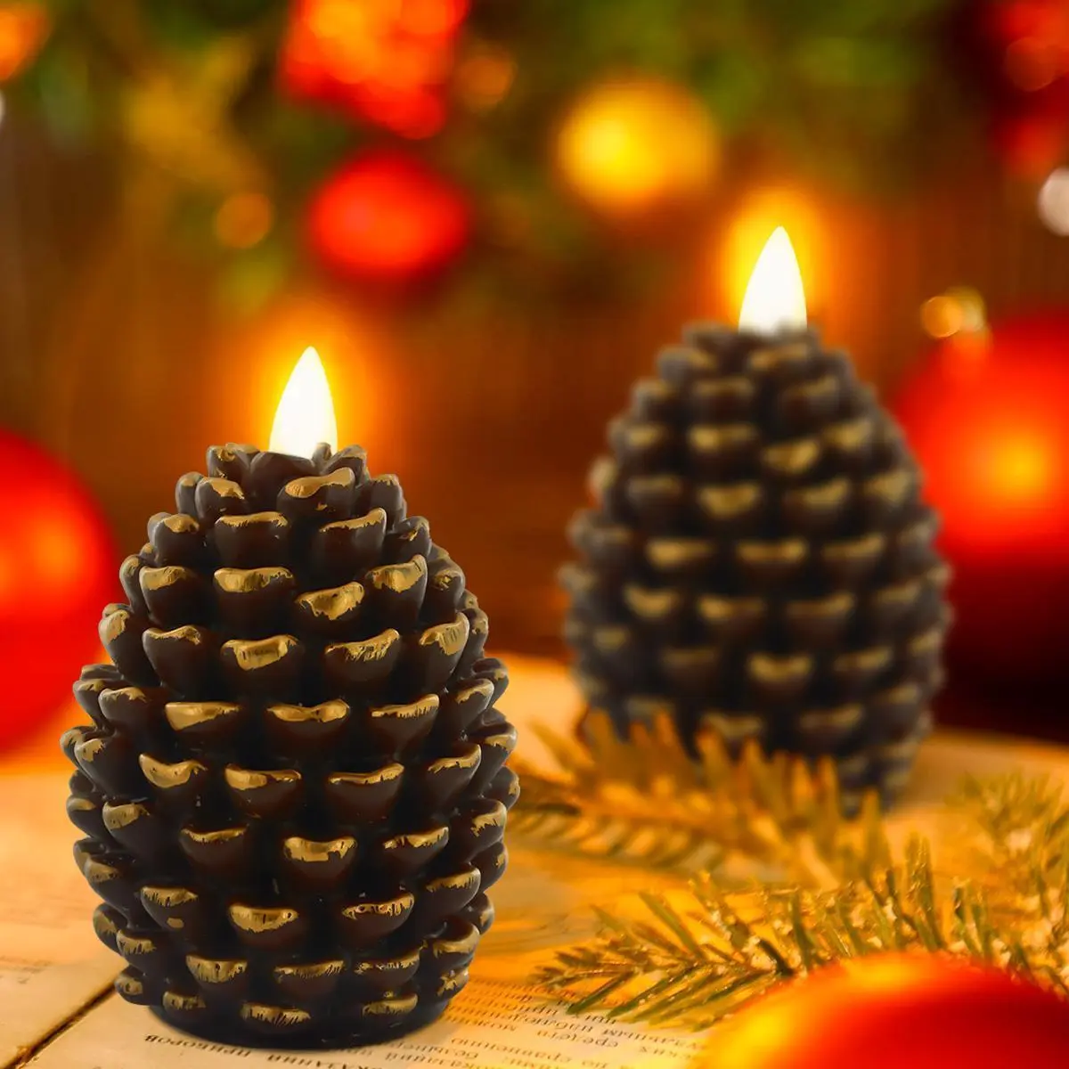 Christmas Pinecone Candles Flameless,Battery Operated Candles with Flickering Wick,Indoors Fake Candle,Christmas Candle Pine Cones Holiday Decor,Winter Thanksgiving Decorations,Set of 2 Home Tree Decoration