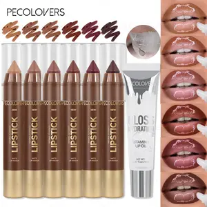 7pcs/set Lip Makeup, 6pcs Brown Lip Liner Lipstick with 1pc Transparent Lip Oil Plumping Shimmer Natural Nude Tinted Lip Glow Oil Moisturizing Long Lasting High Shine Lipgloss