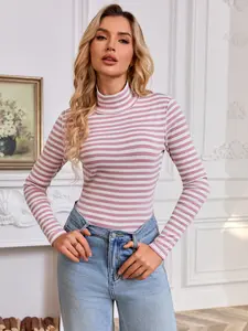 Ebossy Women's Slim-Fit Striped Turtleneck Long Sleeve Top Soft Stretch Fabric Back Detail Basic Layering Shirt for Casual Daily Work Outfits