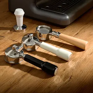 Coffee machine handle 58mm, stainless steel with solid wood handle, three-ear design with base, coffee equipment