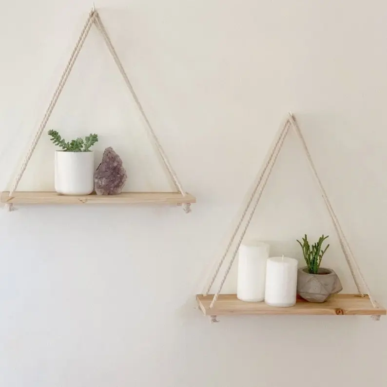 Hanging Shelf Floating Shelves Wall Decor [Set of 2 w/ Hooks] Reclaimed Wood Shelving Macrame Rope Swing Triangle Bathroom Storage Farmhouse