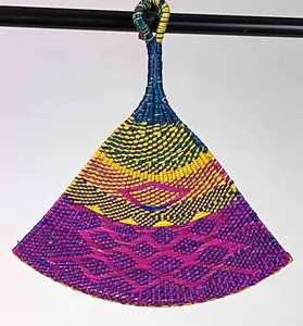 Raffia Hand Fan Accessory Handwoven in Togo - Yellow, Blue, Magenta