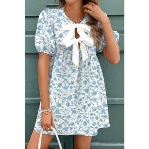 Sky Blue Floral Bow Front Puff Sleeve Mini Dress