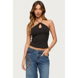 Alizie Beaded Chain Keyhole Halter Top