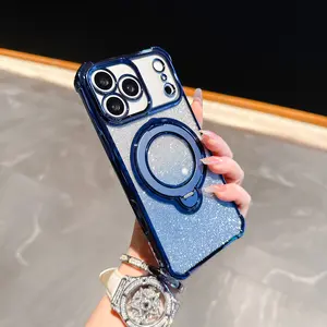 HUTU glitter magnetic gradient lens film protective phone case, skin-friendly texture, shockproof and anti-yellowing protective case for iPhone 17/16/15/14/13 Pro Max, four-corner anti-fall, compatible with MagSafe wireless charging, mobile phone accessor
