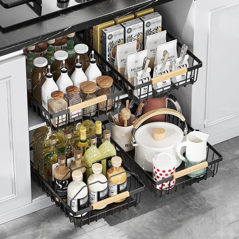 Pull Out Cabinet Organizer, Extendable Slide Out Drawer Storage sink pantry sliding Shelves, Spice Rack for Inside Cupboard, No Drill Cabinet Basket Pull Out Drawers for counter Kitchen Cupboards, Black, 28cm Wx39.5cm Dx9.8cm