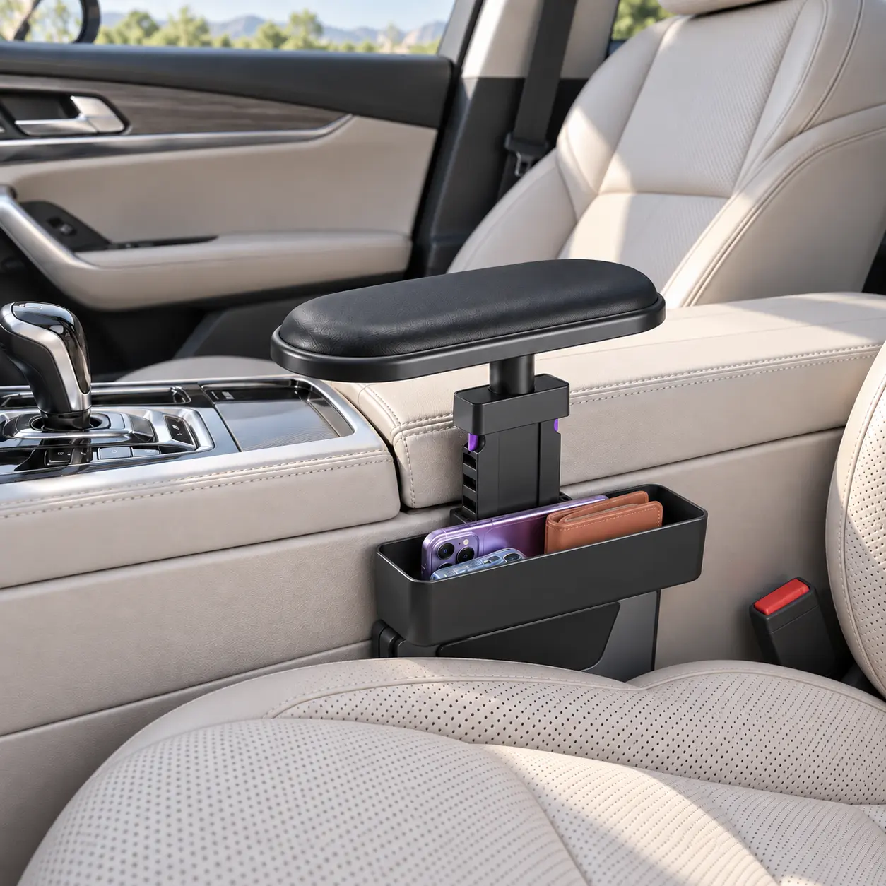 Adjustable Car Armrest with Seat Gap Storage Organizer, 360° Rotating Leather-Finish Elbow Support, Height Adjustable with 3 Front-to-Back Positions, Phone and Wallet Tray, Black Car Interior Accessory