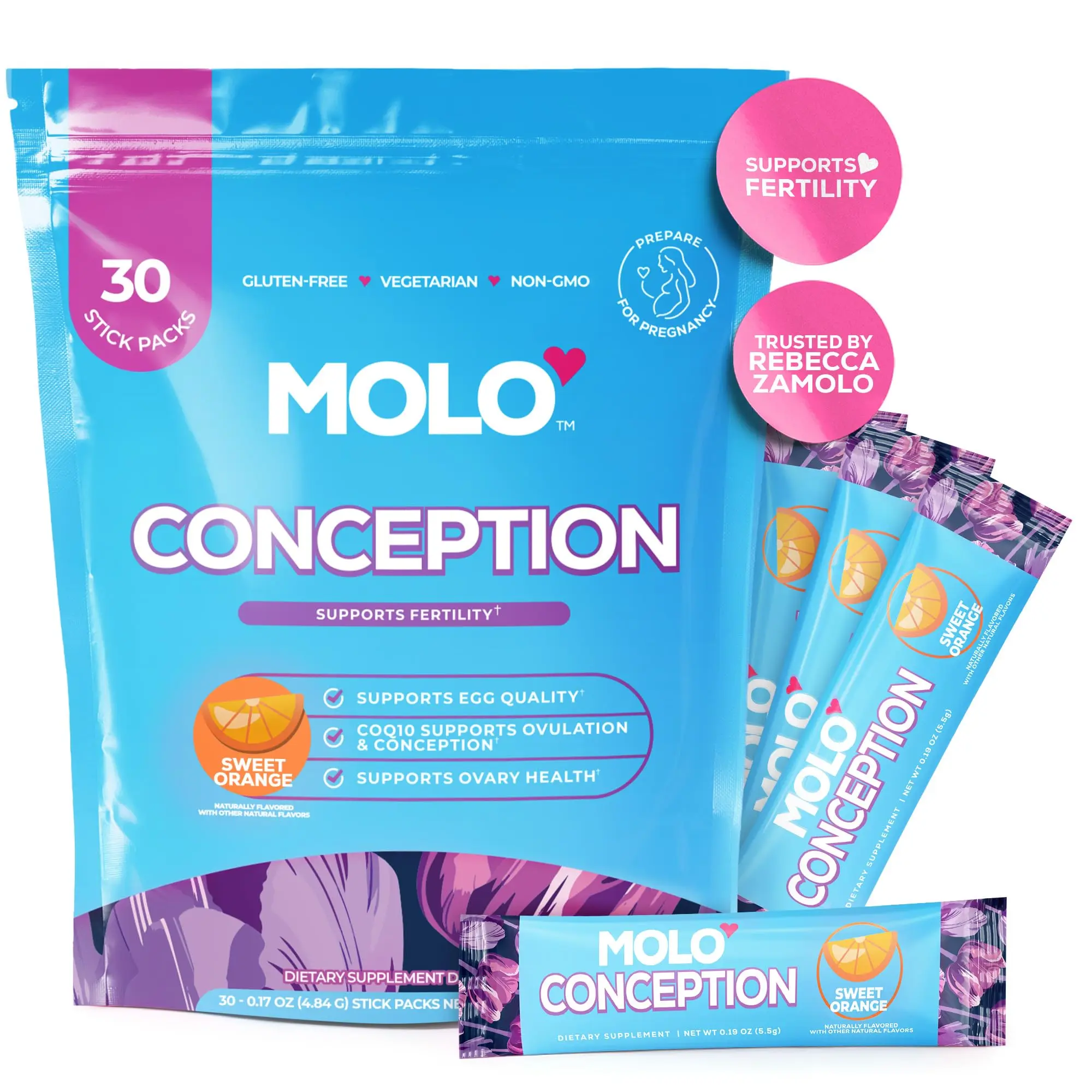 MOLO Conception Fertility Supplement for Women- Supports Ovulation Egg Quality and Ovarian Health, CoQ10 Iodine Selenium Taurine Blend- 30 Stick Packs Sweet Orange- Non GMO Gluten Free Vegetarian