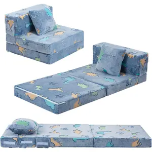 Foldable Futon Chair Bed  Kids, Glow Tri-fold Sofa Bed Convertible Toddler Sofa Mattress, Foam Floor Couch  Sitting, Blue