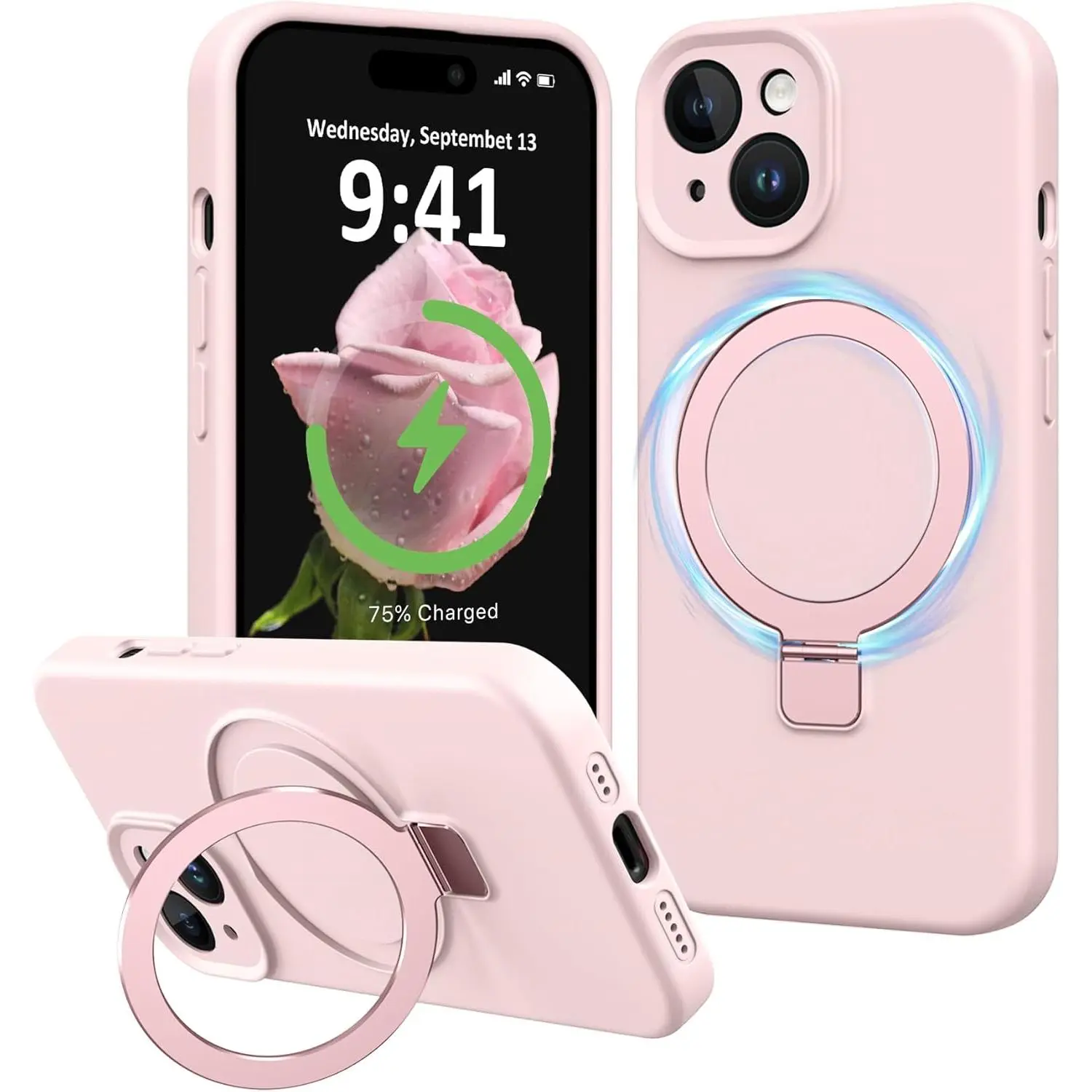 Compatible with iPhone 13 Case with Stand,  Slim Soft Liquid Silicone Phone Cases for iPhone 13 6.1" Compatible with MagSafe Magnetic Ring Kickstand Case Full Camera Protection, Pink