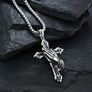Timeless Stainless Steel Praying Hands Cross Necklace - Waterproof Non-fading Silver Jewelry Perfect for All Occasions!
