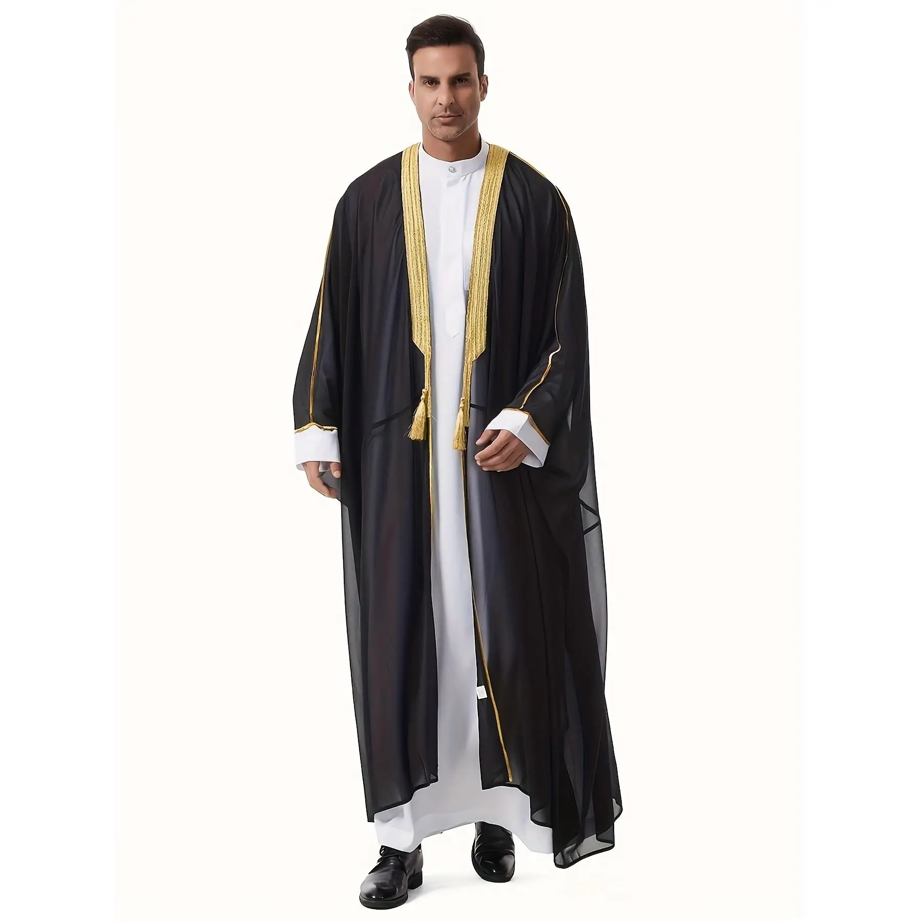 Arab Muslim Men Long Sleeve Robe with Golden Lace Tassels Open Front Abaya Middle East Saudi Mens Fashion men s modest clothing arabthobe traditional