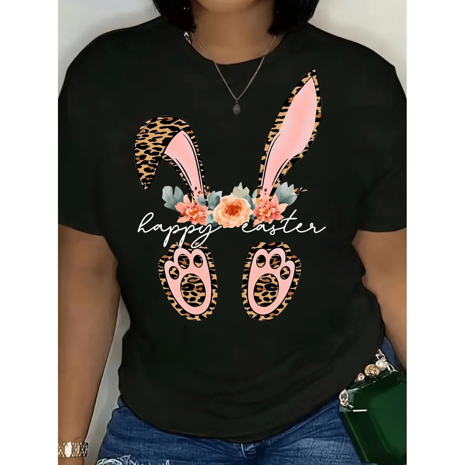 Women's Happy Easter Bunny Floral Short Sleeve Round Neck Casual TShirt with Easter Message and Spring Summer Style NonTransparent Fabric Hand Wash Only Perfect for Easter and Warm Weather Fashion