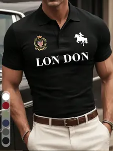 Men's London Theme Polo Shirt, Badge & Polo Rider Print, Soft Fabric, Casual Urban Style, Daily Wear Outerwear Top