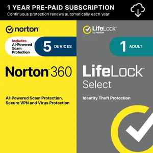 Norton 360 with LifeLock Select Bundle, All-in-One Protection for up to 5 Devices, Online Privacy, and Identity {Digital Download]