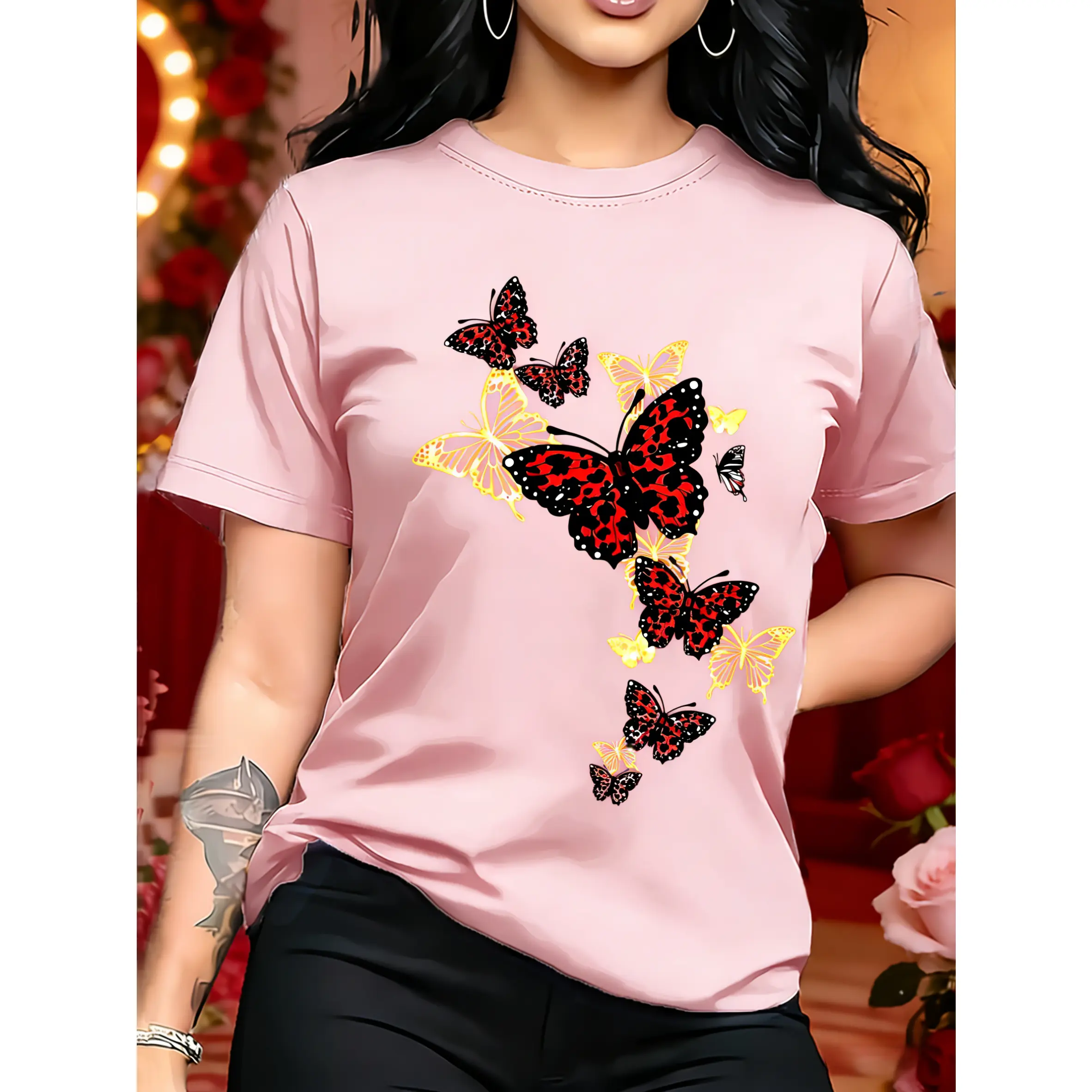 Women's 100% Cotton Butterfly Graphic Oversized Short-Sleeve Round Neck T-Shirt - Casual, Breathable Fabric Top for Spring & Summer, Shortsleeve, Basics, Smooth, Printed, Boat Neck