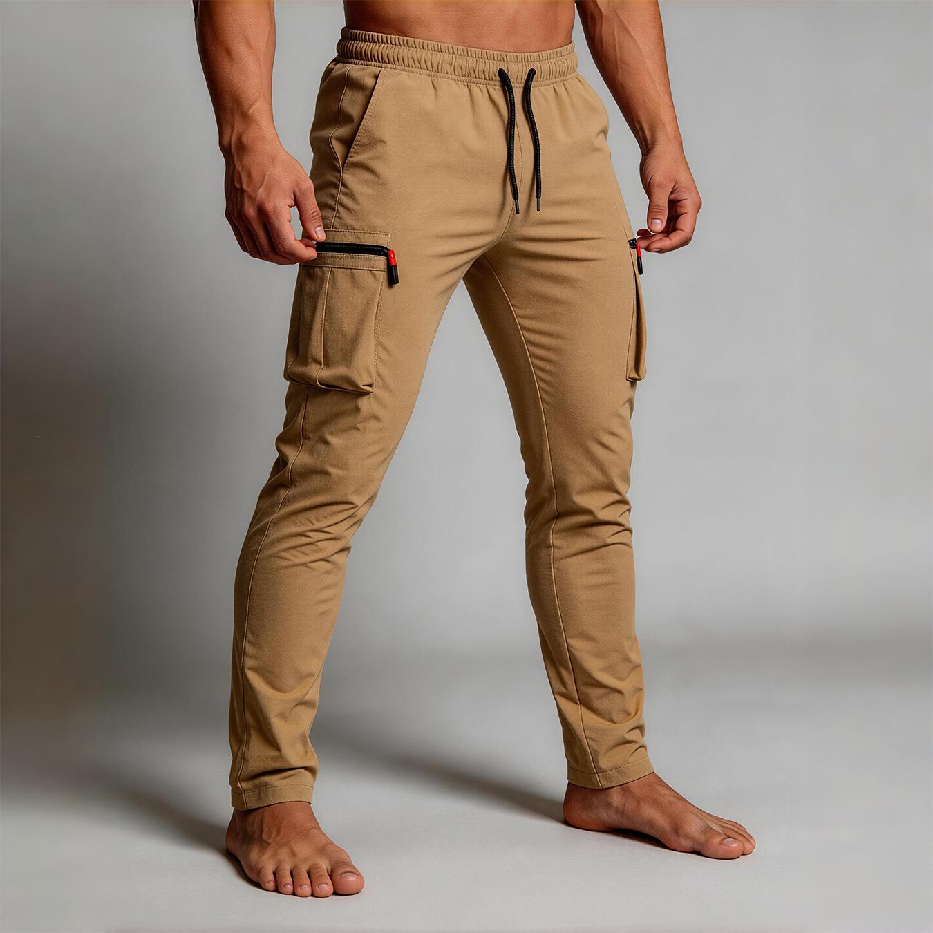 Men’s slim-fit cargo joggers, quick-dry athletic pants with drawstring and zippered pockets, lightweight workout trousers for gym and everyday wear