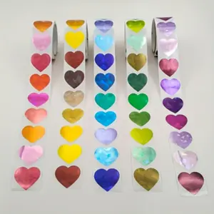 1000 Stickers 5 Rolls 2.54 Cm Heart Holographic Laser Color Love Stickers, High Quality PVC Self-Adhesive, Reusable Easy-Tear