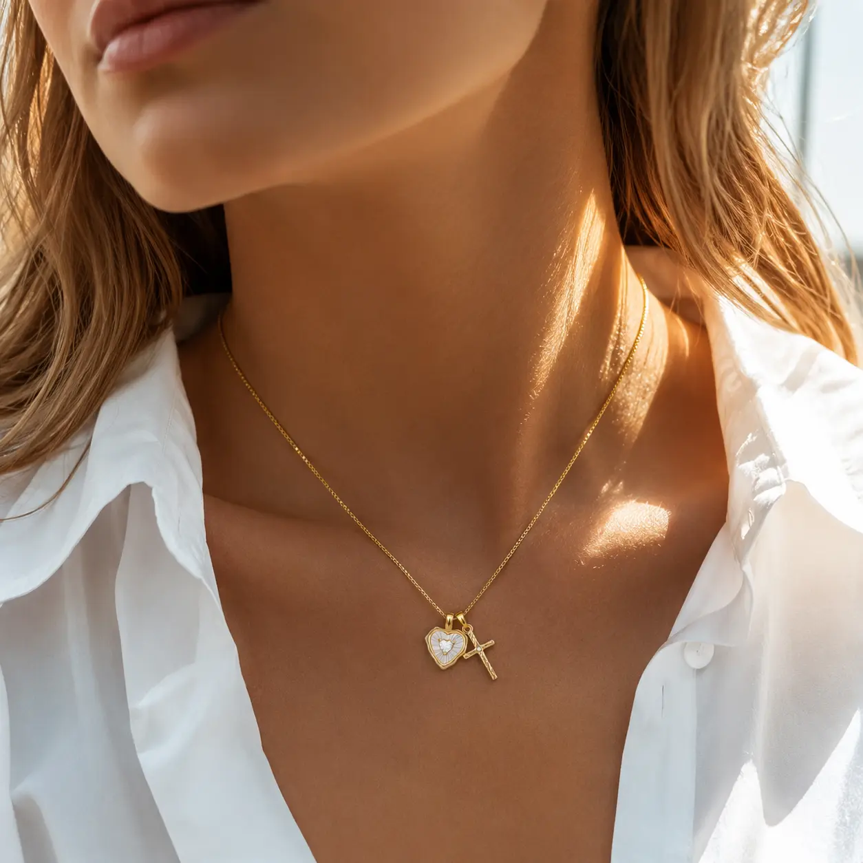 14K Gold Plated Heart & Cross Necklace for Women, Shell Inlaid Heart Cubic Zirconia Faith Cross Pendant Necklace, Christian Religious Love Faith Jewelry Gifts for Birthday Confirmation