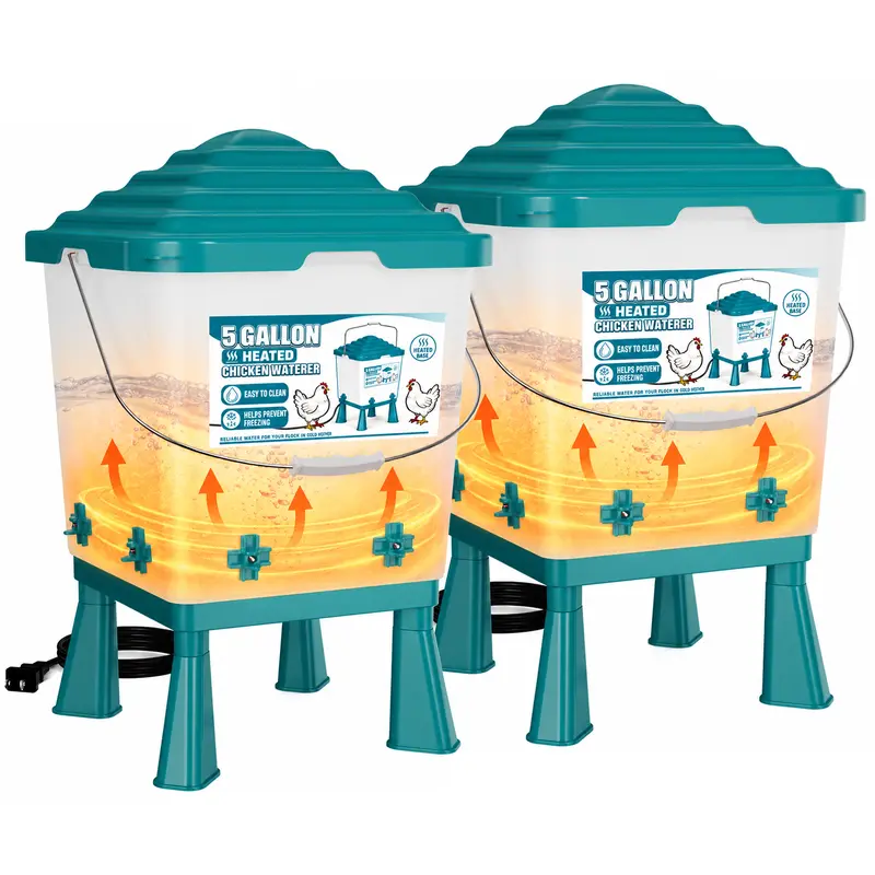 5-Gallon Heated Chicken Waterer, Automatic Temperature-Controlled Poultry Dispenser with 7 Drinking Nipples, Elevated Legs, Covered Reservoir, Handle for Winter Chicken Coop