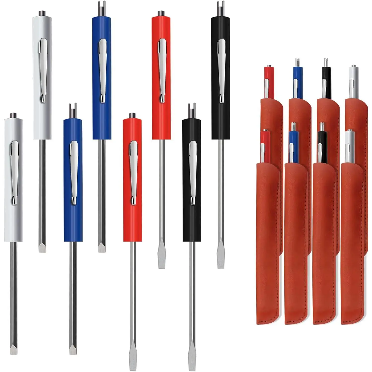 8 count Pocket  Set with 8 Synthetic Leather Case, Removable  Pen,  Slotting, Valve Core Tool Mini  with Dual Bits.