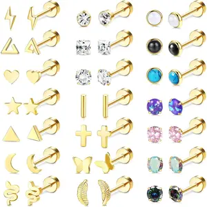 MILACOLATO 25 Pairs Surgical Steel Stud Earrings for Women Multipack Cartilage Earring Opal Moonstone Turquoise Butterfly Flower Star Flat Back Earrings Silver