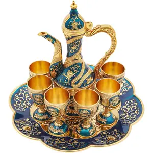 Mini Turkish Tea Set, Vintage Turkish Coffee Cups Set with Pot and 6 Cups,Turkish Tea Glasses for Home Decor Birthday Christmas Housewarming Wedding