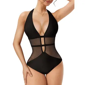 Aprilake Women's Sexy Halter Deep V Neck Cut Out Mesh Adjustable Waist One Piece Swimsuit Bathing suit