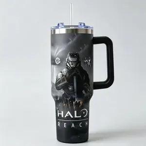 Halo Reach 40oz Tumbler With Handle, Spartan Soldier Gaming Fans Cup, Sci Fi Shooter Graphic Mug, Stainless Steel Insulated Travel Tumbler, Leakproof Drinkware Gift For Gamers