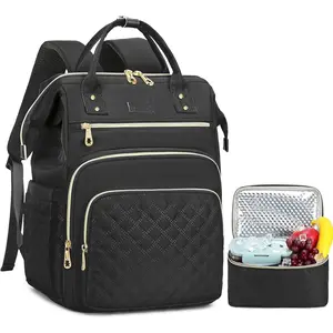 Lunch Backpack, 15.6 inch Laptop Backpack with Insulated Lunch Bag, Backpack Cooler for Women, Large Travel Backpack Lunch Box Compartment, Work  Backpack, Teacher College Book Bag, Black