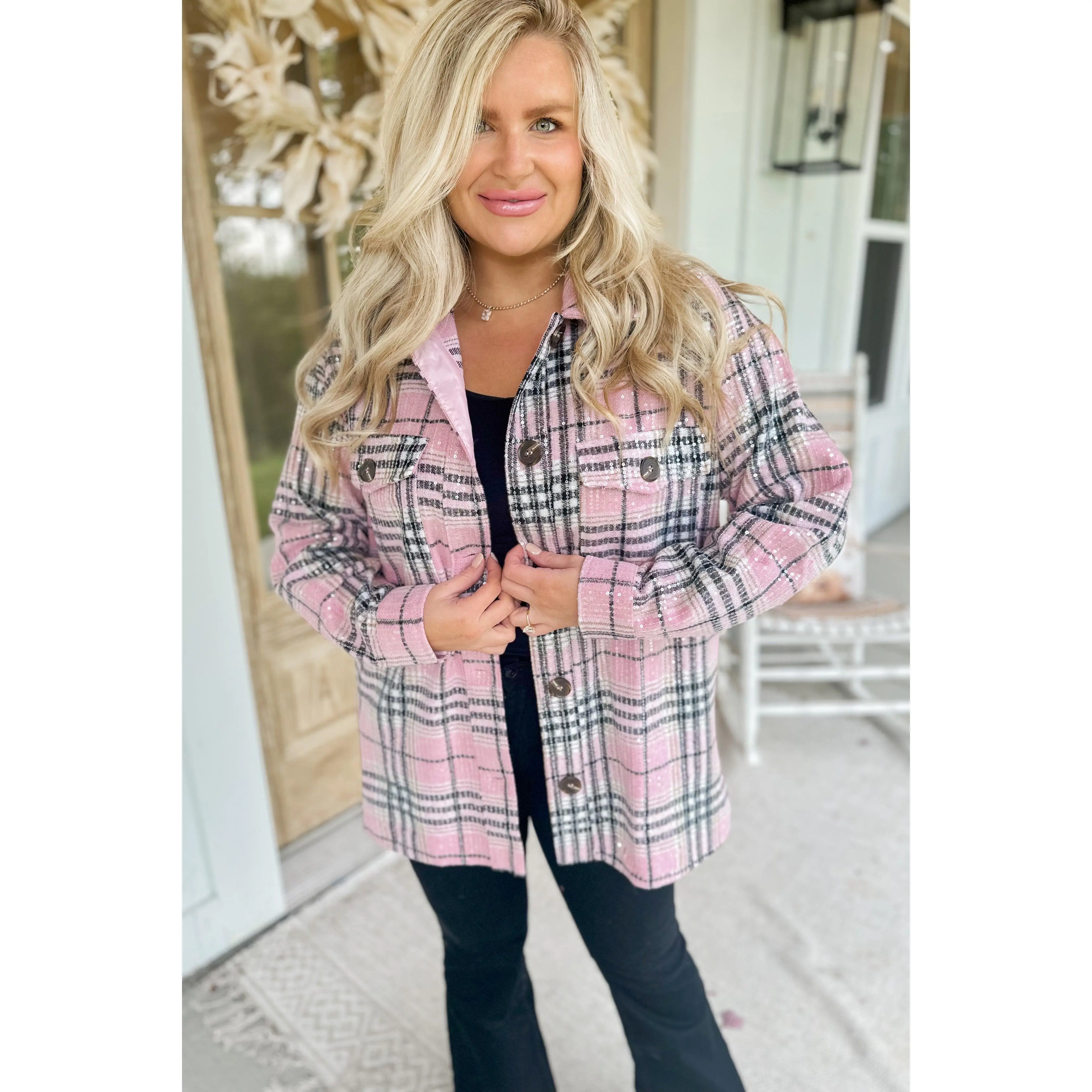 Jerry Long Sleeve Pink Plaid Sequin Shirt Jacket