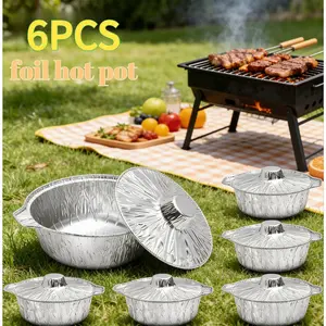 6-Piece Disposable Aluminum Foil Round Baking Pans with Lids, Travel Camping Food Containers, Heating Cooking Bakeware Set