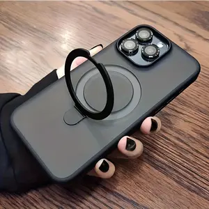 UltraProtect Magnetic Wireless Charger Ring Stand Case - Shockproof, Matte Clear Cover with Lens Protective Film for iPhone 17/16/15/14/13/12/11 Pro Max/Plus - Luxury Phone Accessories with Bumper Protection