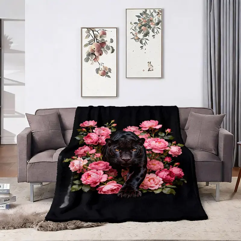 Black Panther & Rose Floral Pattern Brushed Woven Flannel Blanket, Large Size, Soft Lightweight Warm Throw, Indoor Use for Bed Sofa Office, Nice Gift for Parents and Friends.