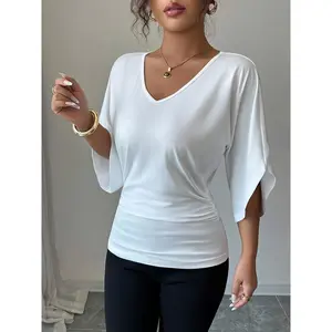 Women's Elegant V-Neck Batwing Sleeve Tunic Top, Loose-Fit Long Shirt with 7/8 Length Batwing Blouse, Machine Washable, for Spring Summer Fall, White & Black Color Options, Casual & Formal Wear