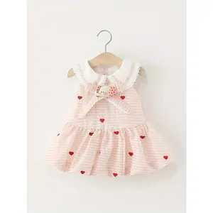 Summer Pink Striped Cute Baby Girl Dress Turn-Collar Sleeveless Sweet Heart Dress Toddler 0-4 Years Old Cartoon Elephant Casual Children's Clothing