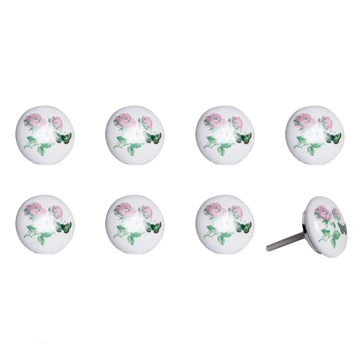 212 MAIN 8-Piece 1.5in Round Traditional Ceramic-Metal Flower Design Handcrafted Cabinet Knobs, Light Pink & White, for Home House Decor, Room Decor, Whimsical Home Decor