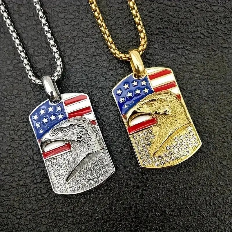 MaxBling81 Unisex American Flag Eagle Stainless Steel Dog Tag Pendant (45mm x 30mm) with 3mm-24" Rolo Chain Necklace - Casual Costume Jewelry Accessory for Any Occasion & America Lovers