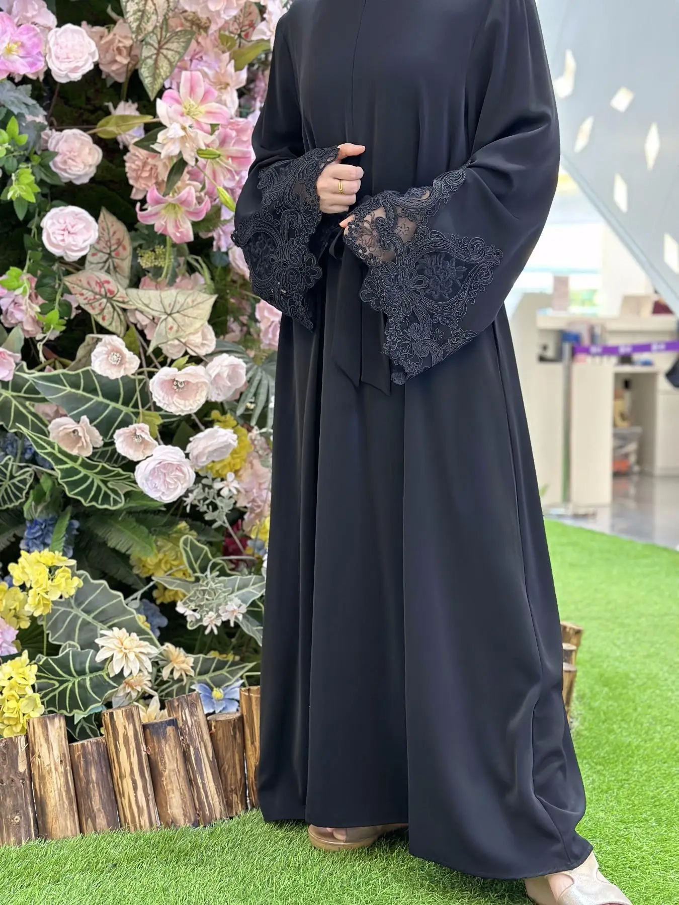 🔥BEST SELLER Black ｜Front Zipper Nursing Abaya Dress✨ 🌺Breathable Nida Fabric｜5 Colors & Sizes｜Lace Cuffs & Adjustable Tie 💫Modest Muslim Fashion｜P