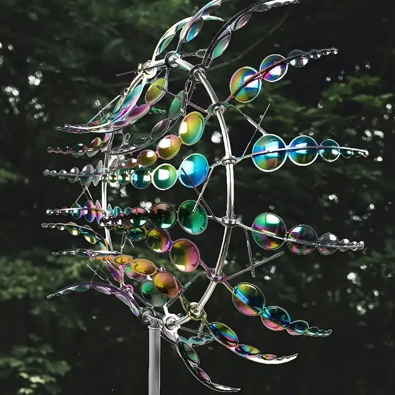 1pc 12" 3D Metal Wind Spinner – Self-Standing Kinetic Sculpture w/ Color Reflective Petals for Garden Patio, No Electricity Needed, Hypnotic Outdoor Art for Home Decor Lovers, Outdoor Garden Accessories