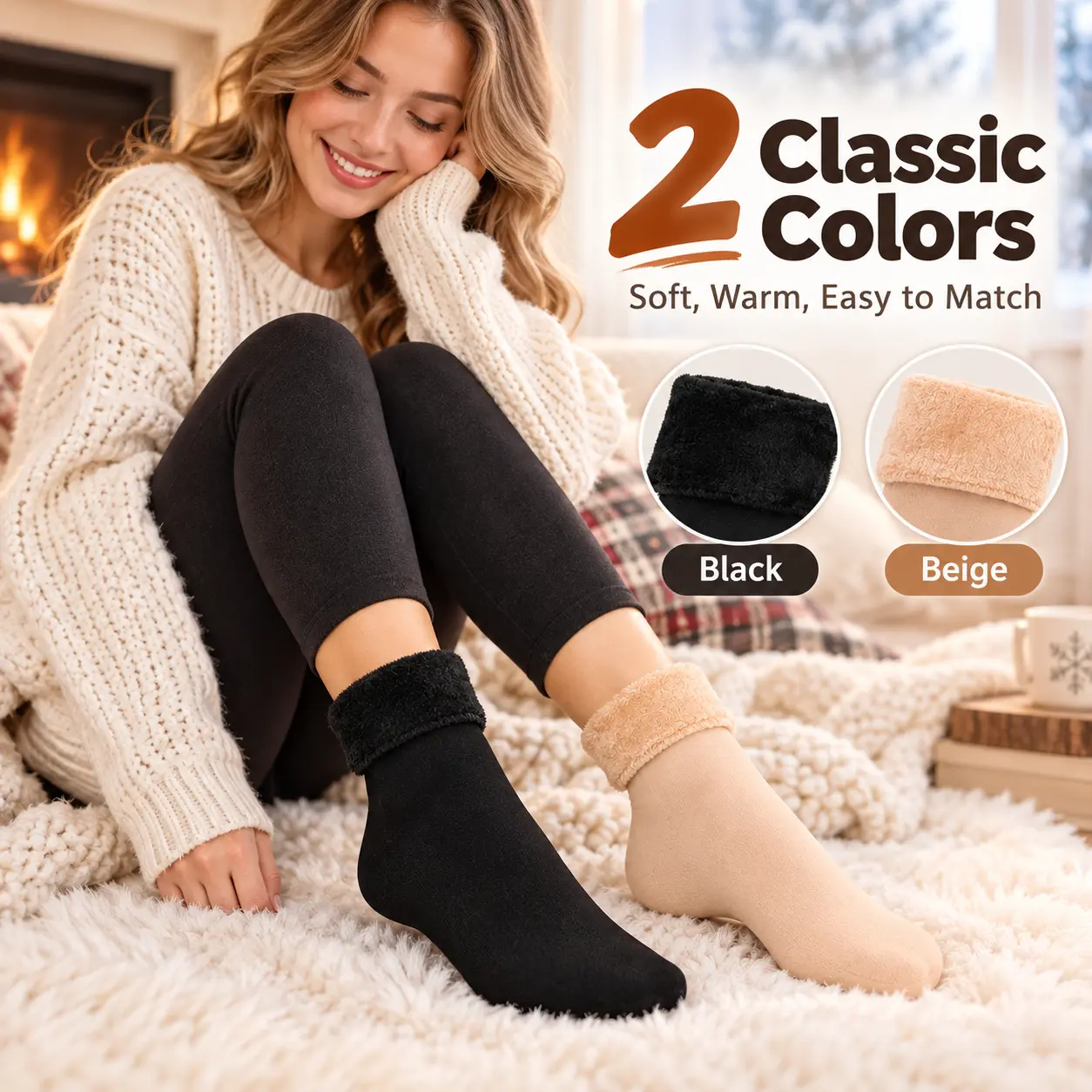 4 Pairs Women Winter Mid-Calf Socks, Thickened Fleece Lined Self-Heating Snow Socks, Cold-Proof Warm Unisex Floor Socks