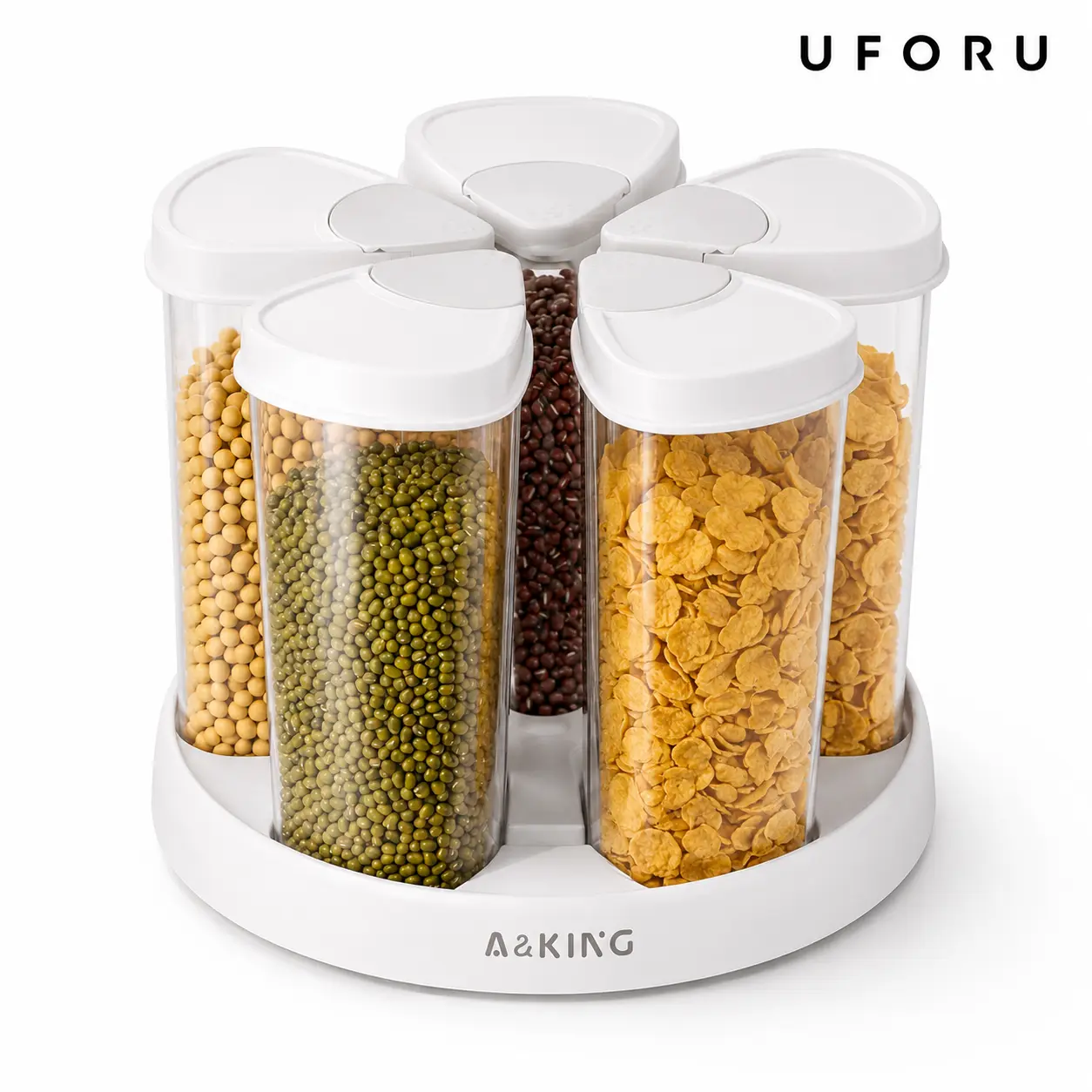 UFORU Rotating Divided Storage Jar - 5-Grain Rice Base Container Jars with Airtight Moisture-Proof Design, Transparent Build, Grain Access for Home Kitchens, Kitchen Decor Solution
