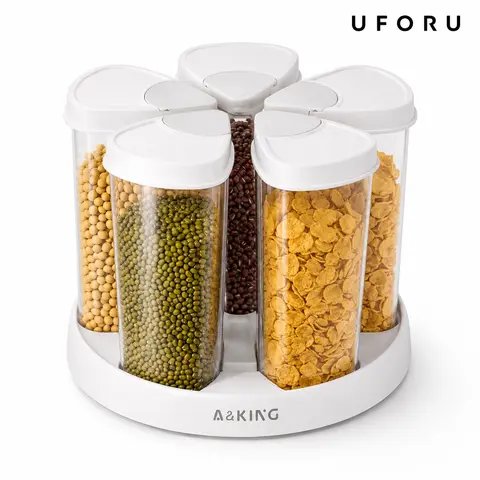 UFORU 360-Degree Rotating Divided Storage Jar - Airtight Moisture-Proof Transparent Preserving Container, Grain Organization, Storage Containers Organizer, Easy to Use and Clean for 5-Grain Rice, Cereal, Kitchen Organization