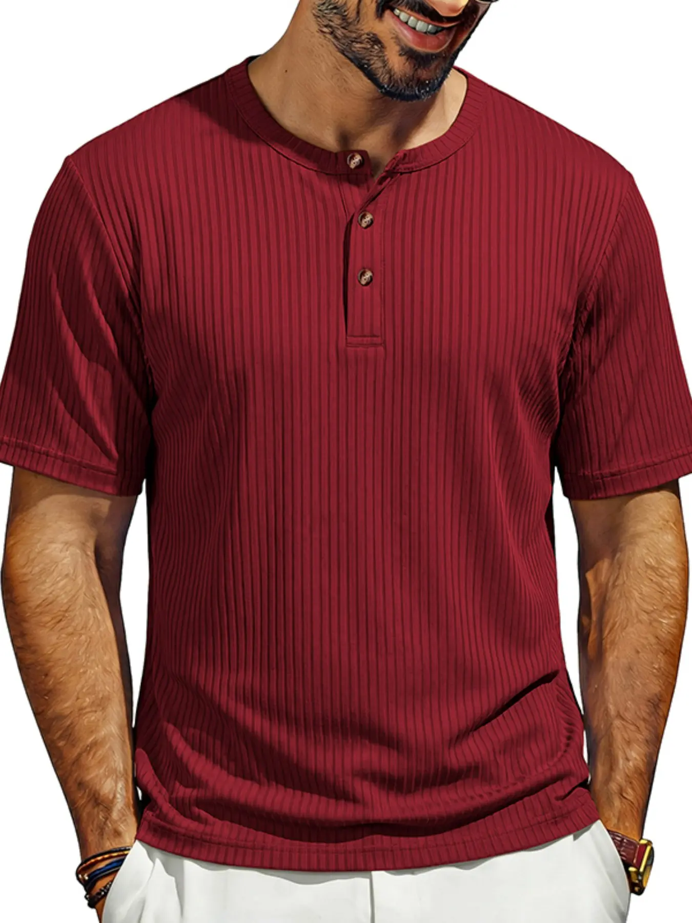 Men's Ribbed Henley T-Shirt, Short Sleeve Button-Up Textured Casual Streetwear Top, Summer Breathable Basic T-Shirt (multiple Colors), Menswear
