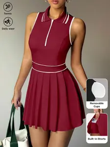 CORSETTI Women Striped Zipper Partial Placket Collar Pleated Hem Sleeveless Sports Dress